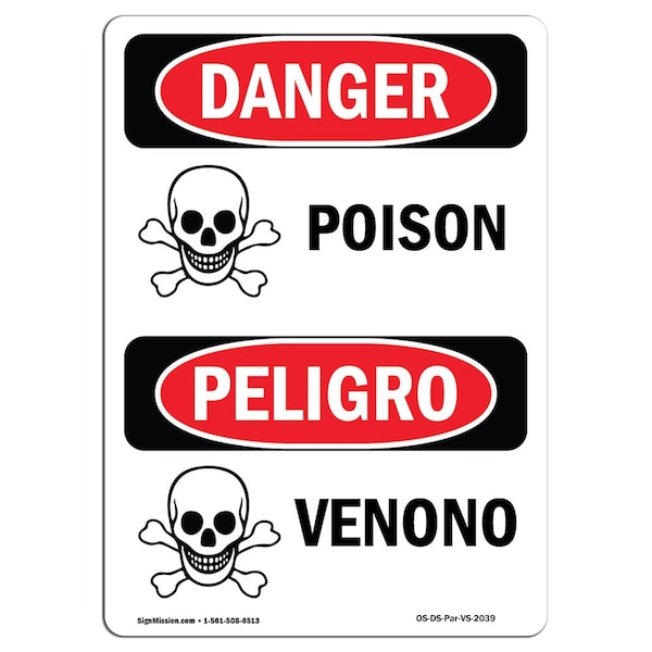 Safety Sign, OSHA Danger, 5" Height, Veneno, Bilingual Spanish, 10PK